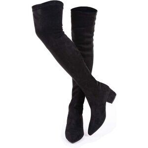 Women Black 2 Inch Over the Knee Thigh High Suede Block Long Pointed toe Boots